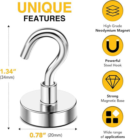 DIYMAG Magnetic Hooks, 50 LB Heavy Duty Magnets, 6 Packs Strong Rare Earth Neodymium Magnet Hook for Hanging, Magnetism Hanger for Curtain, Home, Kitchen, Workplace