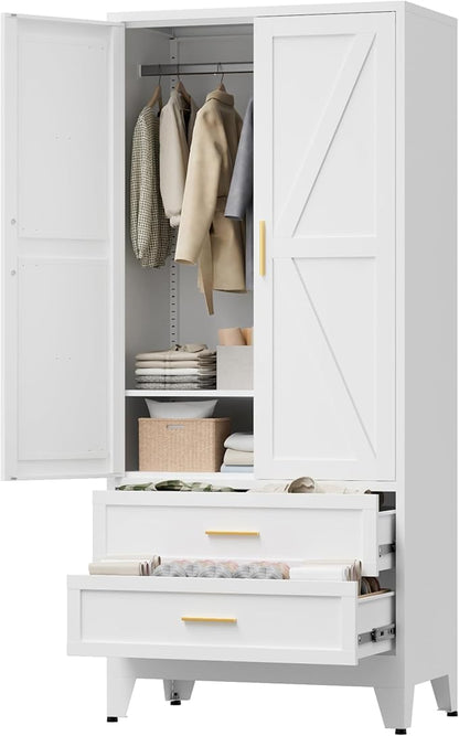 71" Tall Metal Wardrobe Cabinet with 2 Drawers and Hanging Rod, 2 Doors Armoire Wardrobe Closet with Shelf for Bedroom, Office, Laundry Room, White