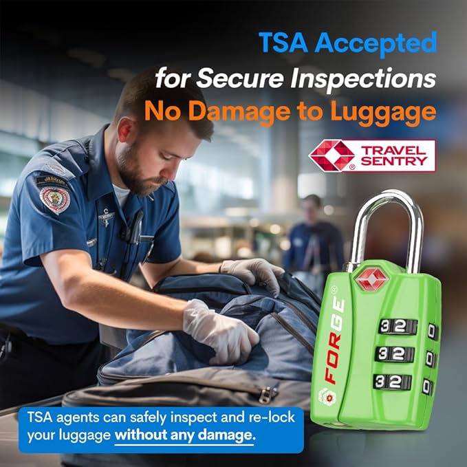 Forge TSA Luggage Combination Lock - Open Alert Indicator, Easy Read Dials, Alloy Body- Ideal for Travel, Lockers, Bags (Green 4PK)