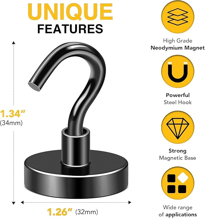 DIYMAG Black Magnetic Hooks, 120 LB Heavy Duty Strong Magnets with Hook, Rare Earth Neodymium Magnet for Cruise Cabins Ship Essentials 12 Packs