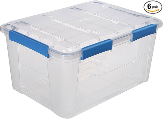 (6-PACK) 4.7-Gallon Large-Capacity Plastic with Lid Storage Box, Equipped with 4 Snap Fasteners.