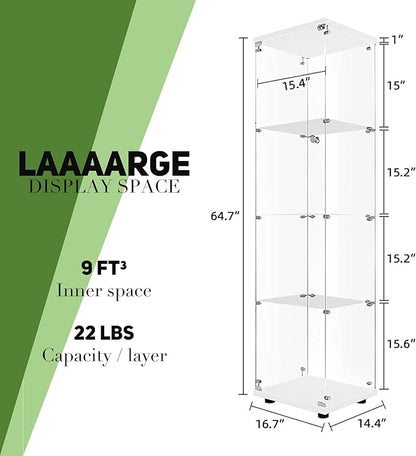 Beauty4U Glass Display Cabinet with 4 Shelves, Curio Cabinets for Living Room, Bedroom, Office, White Floor Standing Glass Bookshelf, Quick Installation