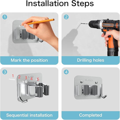 nacena Broom Holder Wall Mount, 4 Packs Silver Stainless Steel Mop and Broom Hanger with Hooks Heavy Duty Broom and Mop Organizer Wall Hanging for Bathroom