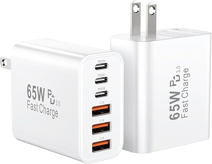 USB C Fast Charger Block, iPhone Charger Fast Charging Blocks 65W Multi Port Charger 6-Ports PD & QC Charging Cube Brick Power Adapter Type C Wall Chargers for iPhone 17/16/15/14/13/12 Pro Max, iPad