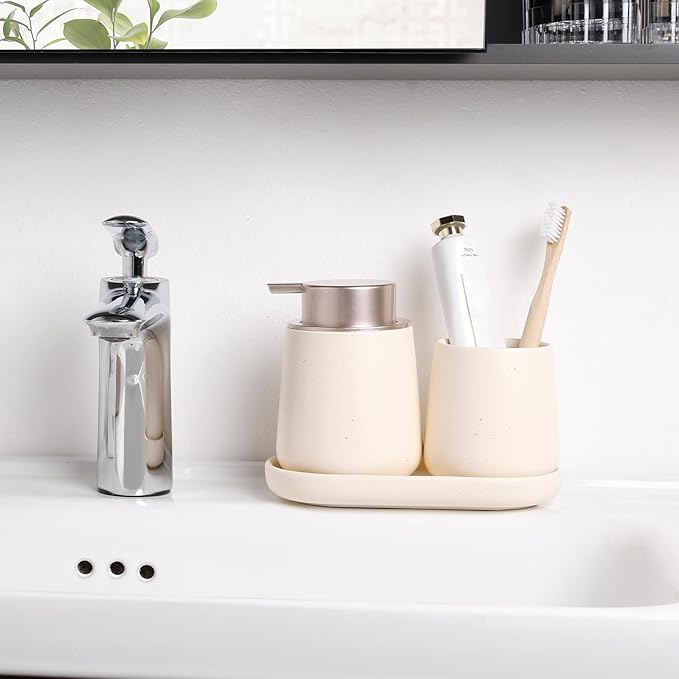 BosilunLife Bathroom Accessory Set - 3 pcs Ceramic Bathroom Soap Dispenser Set Farmhouse Bathroom Counter Decor Set Accessories, Soap Dispenser and Toothbrush Holder with Tray