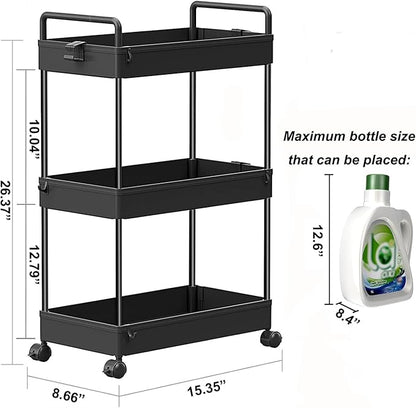 SOLEJAZZ 3 Tier Rolling Storage Cart with Wheels Slim Craft Nail Makeup Snack Art Baby Utility Cart Organizer on 2 Lockable Wheels for Bathroom Laundry Room Kitchen Bedside Narrow Spaces, Black