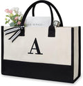 TOPDesign Embroidery Initial Canvas Tote Bag, Personalized Present Bag, Suitable for Wedding, Birthday, Beach, Holiday, is a Great Gift for Women, Mom, Teachers, Friends, Bridesmaids (Letter A)