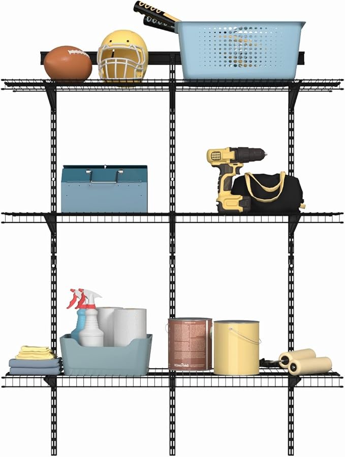 ClosetMaid MaxLoad Heavy Duty Wall Shelf Kit for Garage, 3 Shelves, Adjustable ShelfTrack Wire Shelving, Black Finish