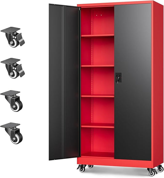 Letaya Metal Garage Storage Cabinets with Lock Door and Adjustable Shelves, Steel Tool Cabinets for Home,Office,Warehouse Organisieren (Black Red, 75" H)
