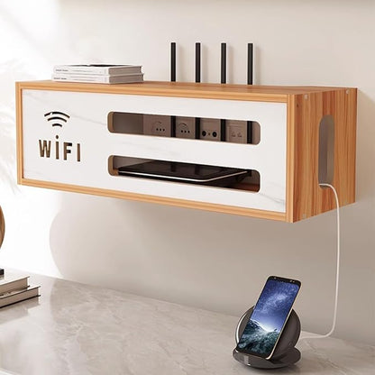 Wall Mount WiFi Router Box, WiFi Router Storage Cabinet, Power Strip and Cable Management Hider Rack, Invisible Storage, for Living Room, Office, Bedroom(Brown)
