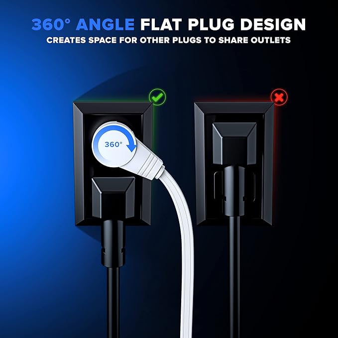 Maximm Cable 6 Ft 360° Rotating Flat Plug Extension Cord/Wire, 16 AWG Multi 3 Outlet Extension Wire, 3 Prong Grounded Wire - White - 2 Pack - UL Certified