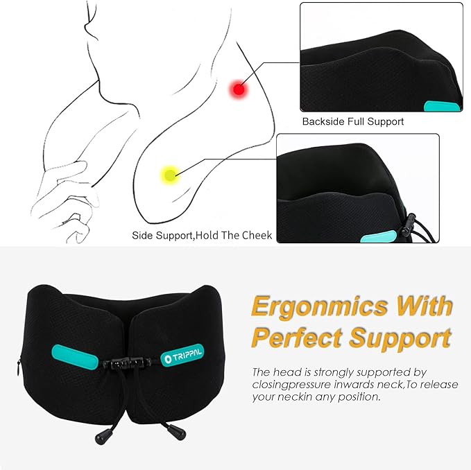 GOLDORANGE Travel Pillow Neck Chin Head Support Best Memory Foam Neck Pillows for Unisex Airplane Car Home Sleeping Rest with Compact Carry Bag Black M