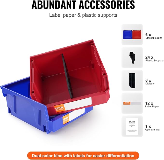 VEVOR Plastic Stackable Storage Bins 6 Pack (11 x 11 x 5-Inch), Hanging Storage Organizer Bins, Heavy Duty Stacking Containers for Closet, Garage, Office, Home, Pantry or Small Parts Organization