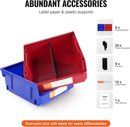 VEVOR Plastic Stackable Storage Bins 6 Pack (11 x 11 x 5-Inch), Hanging Storage Organizer Bins, Heavy Duty Stacking Containers for Closet, Garage, Office, Home, Pantry or Small Parts Organization