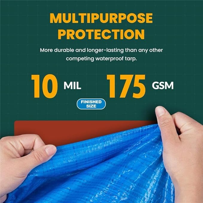 Large Waterproof Tarp - Heavy Duty 10 Mil Thick Poly Tarpaulin Ideal for Canopy Tents, Boats, RV or Pool Covers - Multipurpose Protective Tarps with Grommets for Indoor and Outdoor Use | 6' x 8'