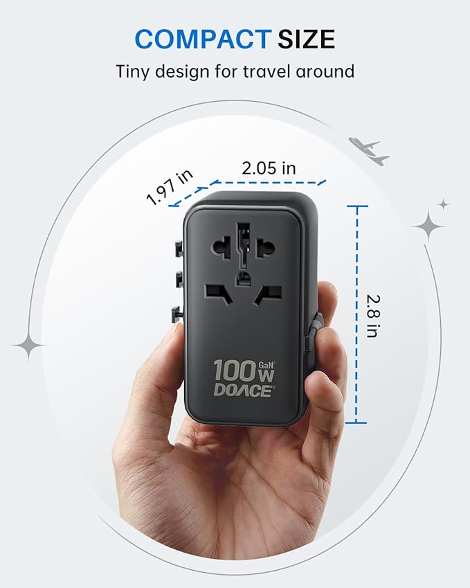 DOACE Universal Travel Adapter, 100W GaN 3.0 European Travel Plug Adapter with Built-in USB-C Cable, 6 in 1 International Power Adapter with 5 USB Ports for EU/UK/USA/AUS(Black)