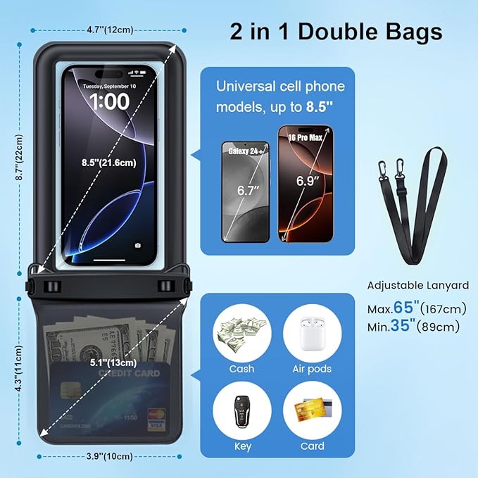 Waterproof Phone Pouch Floating, Double Bags Waterproof Phone Case with Lanyard for iPhone 16 15 Pro Max, Galaxy S24 S23 Ultra, IPX8 Cellphone Dry Bag Beach Travel Cruise Essentials 2Pack-8.5''