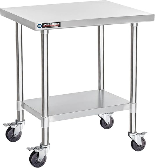 DuraSteel 24x30 NSF Stainless Steel Cart Work Table - Heavy Duty Rolling Food Prep Table Countertop Island - Metal Utility Cart on Wheels Caster, Grill Stand Storage Outdoor Kitchen Tables Bar Top