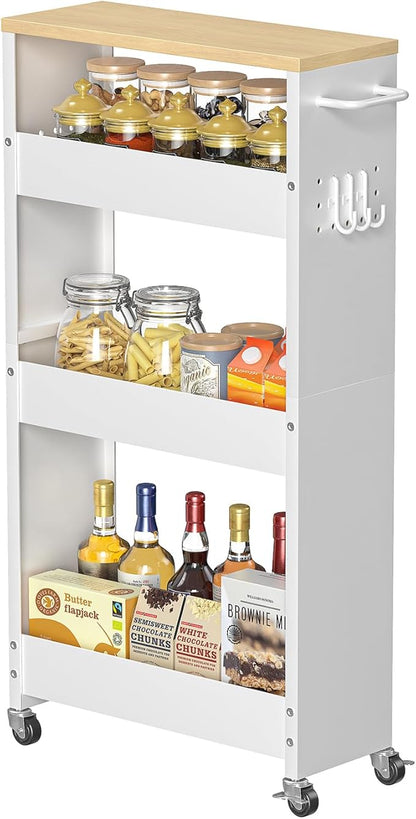 Slim Storage Cart, 4-Tier Kitchen Rolling Cart Narrow Storage Cabinet with Handle & Wheels, Metal Rolling Shelf Unit for Kitchen Bathroom Laundry Small Places (5.9IN White/Natural)