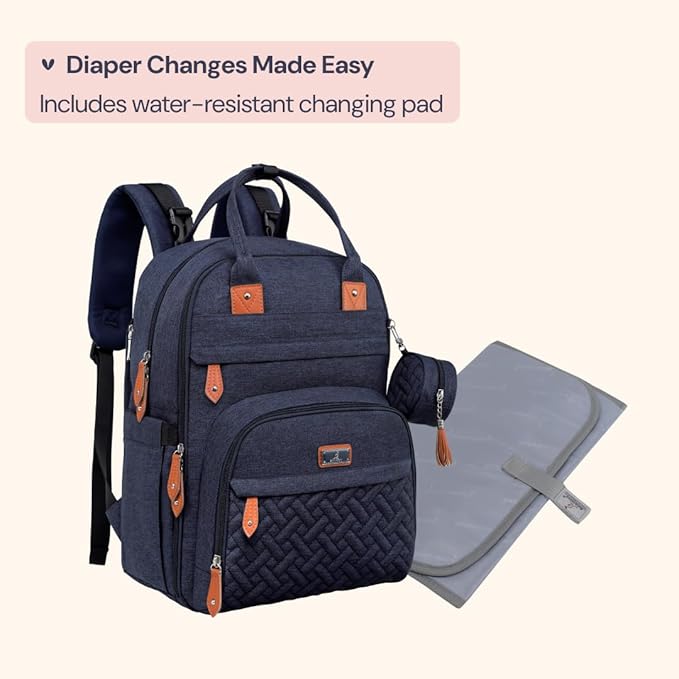 BabbleRoo Diaper Bag Backpack - Baby Essentials Travel Tote - Multi Function Water Resistant Diaper Bag, Travel Essentials Baby Bag with Changing Pad, Stroller Straps & Pacifier Case - Navy Blue