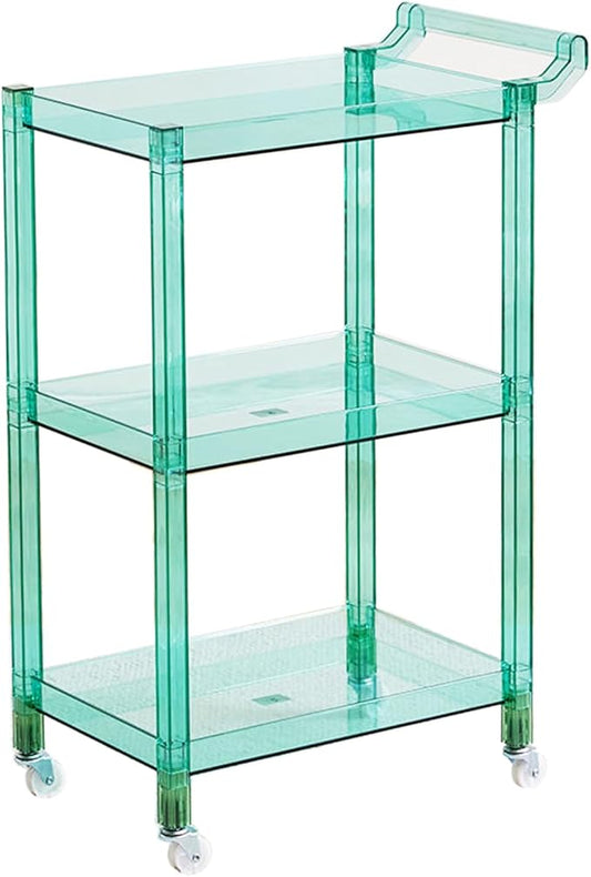 Acrylic Utility Rolling Cart, 3-Tier Clear Acrylic Storage Cart with Pulling Handle & 4 Wheels for Kitchen Living Room Dining Bathroom Laundry, Multifunction Serving Trolley for Small Spaces(Green)