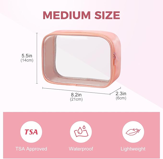 Moyad TSA Approved Clear Toiletry Bag, 2 Pack Quart Size 3-1-1 Liquids Pouch for Travel, Transparent Makeup & Cosmetic Organizer for Women Men, Peach Pink