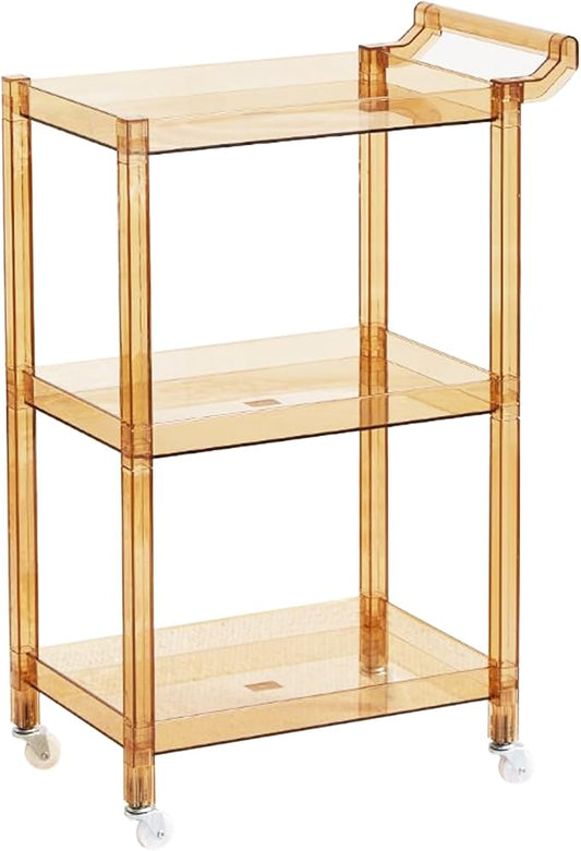 Acrylic Utility Rolling Cart, 3-Tier Clear Acrylic Storage Cart with Pulling Handle & 4 Wheels for Kitchen Living Room Dining Bathroom Laundry, Multifunction Serving Trolley for Small Spaces (Brown)