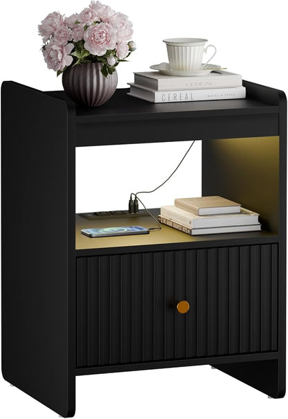 HIFYOBRO 21.6" Tall Fluted Nightstand, End Table with Charging Station and LED Light, Modern End Side Table with Drawer (Black)