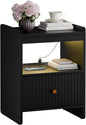 HIFYOBRO 21.6" Tall Fluted Nightstand, End Table with Charging Station and LED Light, Modern End Side Table with Drawer (Black)