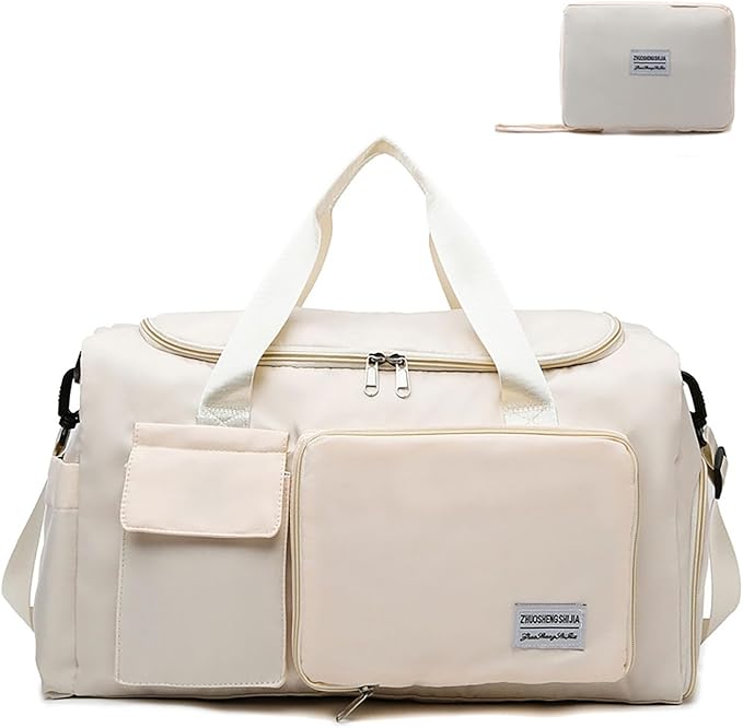 Multipurpose 20L Foldable Duffel Bag Gym Yoga Bag Carry-On Shopping Sack Travel Organizer Cabin Bag Sundry Package Wet&Dry Compartment (Beige)