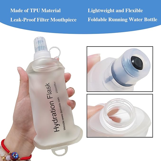 CLINTT 250ml Soft Flask, Foldable Running Water Bottle, TPU Folding Soft Water Flask, BPA-Free Collapsible Flask for Hydration Pack Running Vest, Cycling, Climbing, Hiking - 2Pcs, Blue