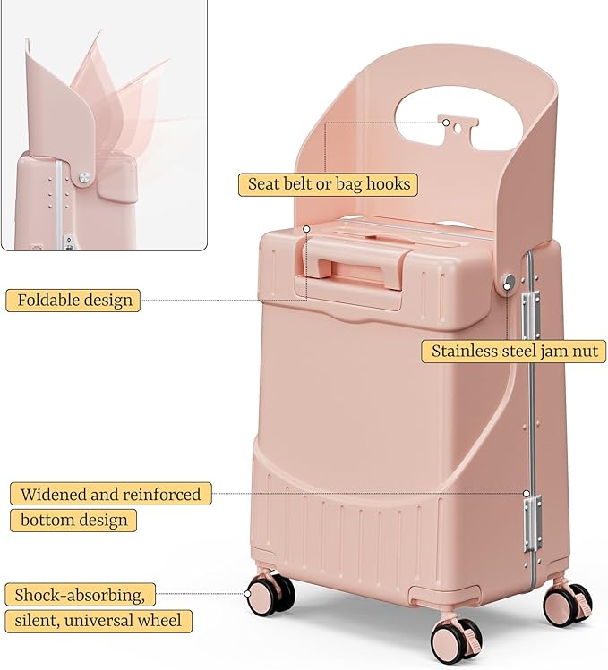 20" Hardshell Carry On Suitcase with Seat for Kids & Adults,Travel Luggage with Front Pocket & 4 Lockable Spinner Wheels, TSA Lock, USB Port, Luggage Cover, Safty Seatbelt