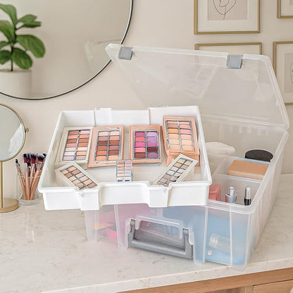 Best Kept Super Satchel Double Deep with Lift-Out Tray and Removable Dividers, Stackable Home Storage Organization Container, Clear with Sliver Latches and Handle