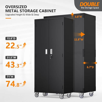 VINGLI Large Garage Storage Cabinet with 4 Doors, Upgraded Height & Wide & Deep, 43''W x 23''D x 75''H, Oversized Metal Storage Cabinet with Pegboards Wheels Locks and Adjustable Shelves (Black)