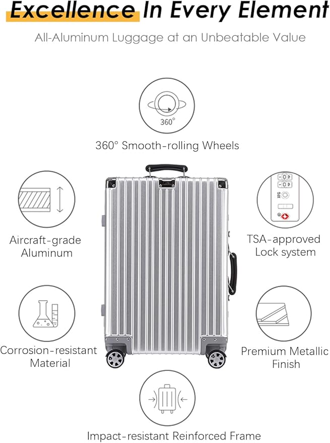 HotWay 20 Inch All Aluminum Carry On Luggage with Leather Handle, Hard Shell Zipperless Suitcase with TSA Locks and Spinner Wheels, Blue Travel Luggage (22x14x9 Airline Approved)