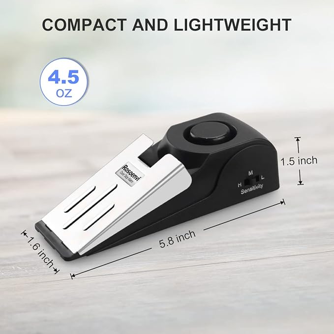 1 Pack Door Stop Alarm, Door Stopper with 120DB Security Alarm, Floor Wedge Door Stop Siren, Door Security Devices for Traveling, Apartment, Hotel and Home, Black