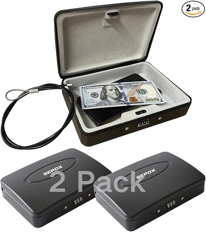 SEPOX® 2Pcs Water/Fire-Resistant Portable Security Case Lock Box Steel, Personal Travel Safe Storage Cabinet for Small Item, 3-Ft Cable, Ressetable Combination Lock for Dorm, Car, Sports, Office