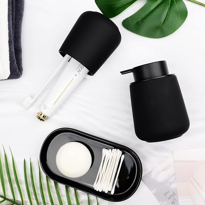 Black Bathroom Accessories Set 3 pcs - Ceramic Foaming Bathroom Soap Dispenser Set Farmhouse Black Bathroom Decor, Foam Soap Dispenser and Toothbrush Holder/Tumbler Cup, Tray