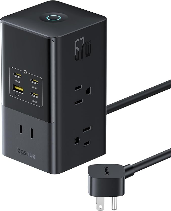 Baseus Charging Station 67W, 10-in-1 USB-C PD Fast Charging Desktop Charger with 1200J Surge Protection, 5ft Extension Cord, 6 AC, 3 USBC, 1 USBA Ports for iPhone 16/15, MacBook, Tablet, Desktop