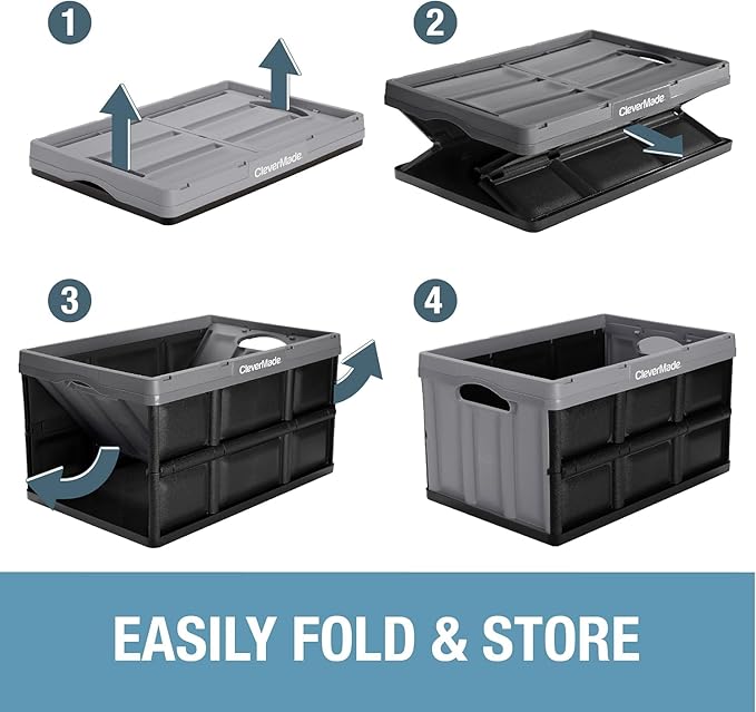 CleverMade Collapsible Storage Bins - Obsidian 3 Pack 32L - Stackable Containers Heavy Duty Capacity Folding Crates - Space-Saving for Home