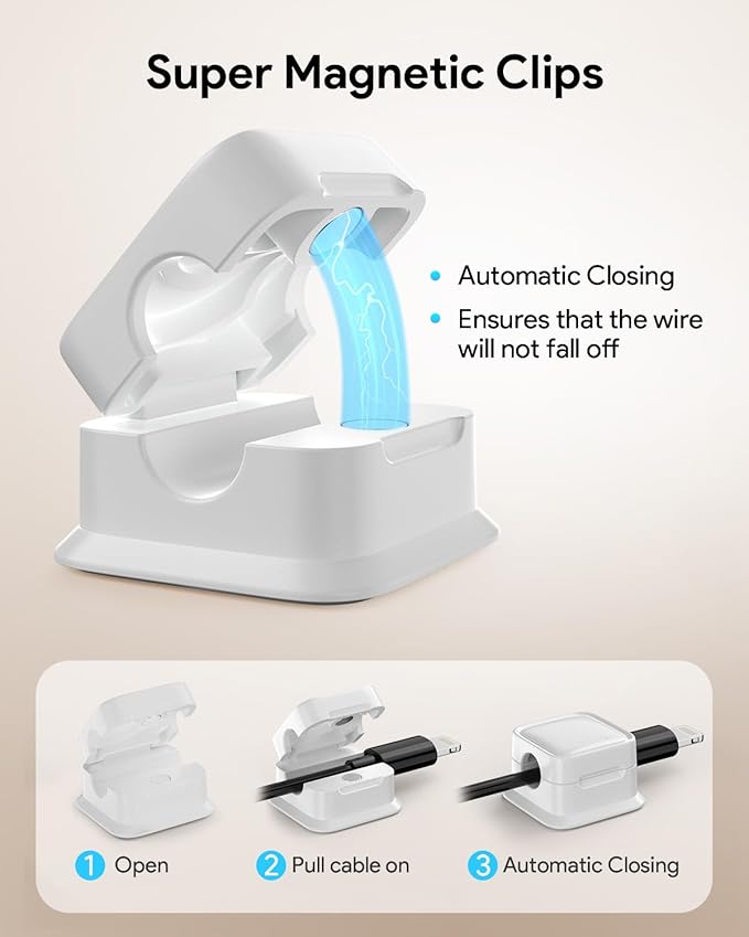 12 Pack Magnetic Cord Organizer Holder,Strong Adhesive Desk Cable Management Easy Open,Organize Phone Charging Cords Wire Holder Organizer Neatly for Home,Office,Car,Desk,Nightstand-White