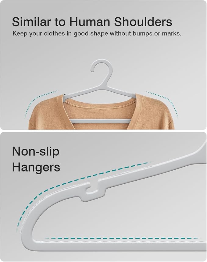 50 Pack Clothes Hangers, Non Slip Plastic Coat Hangers, Space Saving Hangers, Heavy Duty, Hanging Dry Wet Clothes, 16.4" x 8.3", Gray, APY0550G