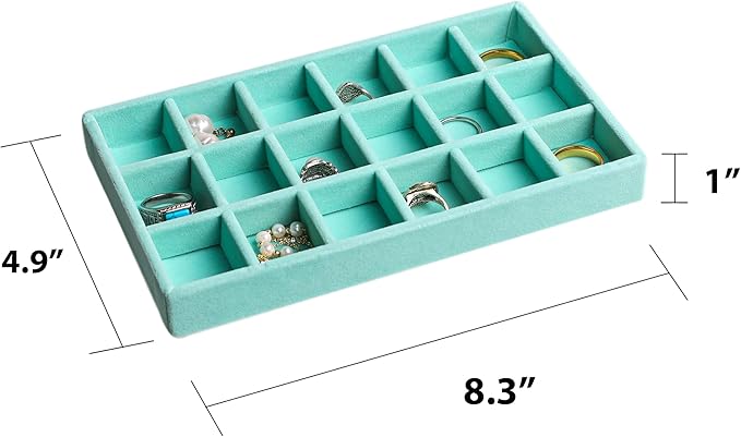 Frebeauty Jewelry Organizer Tray,Stackable Velvet Jewelry Trays,Drawer Inserts Earring Organizer For Women Jewelry Storage Display Case for Rings Stud Necklaces,8.3 x 4.9 x 1 Inches (Turquoise)