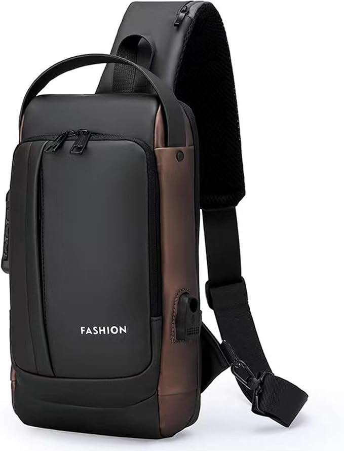 Sling Bag for Men Anti-theft USB Crossbody Shoulder Backpack Purse Waterproof PU Leather Chest Bag Travel Daily Use