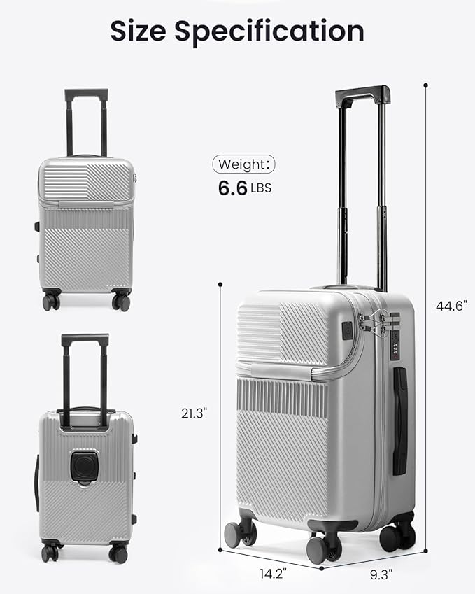 UrbanExplorer 20 Inch Carry-On Luggage with Front Opening, Cup Holder & USB Port, Lightweight ABS+PC Hardshell Spinner Suitcase, Airline Approved, 360° Wheels, Sliver