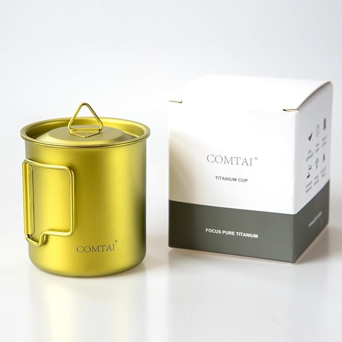Titanium Camping Pot Mug 15oz (420ml) with Lid and Foldable Handle – Ultralight Camping Cup for Hiking, Backpacking, Outdoor Cooking, Yellow