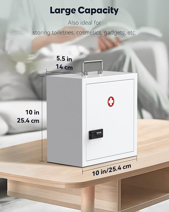 Uniclife Wall Mount Medicine Cabinet with Combination Lock & Handle Locking First Aid Cabinet Lockable Medical Cabinet Medium Medicine Organizer Secure Steel Wall Cabinet Metal Storage Box, White