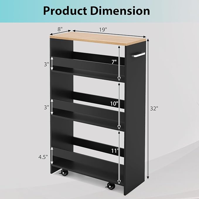 POWERSTONE 4-Tier Slim Storage Cart, Narrow Kitchen Rolling Cart w/Handle & Open Shelves, Skinny Slide Out Utility Organizer Trolley for Kitchen Bathroom Laundry Small Spaces Black & Natural