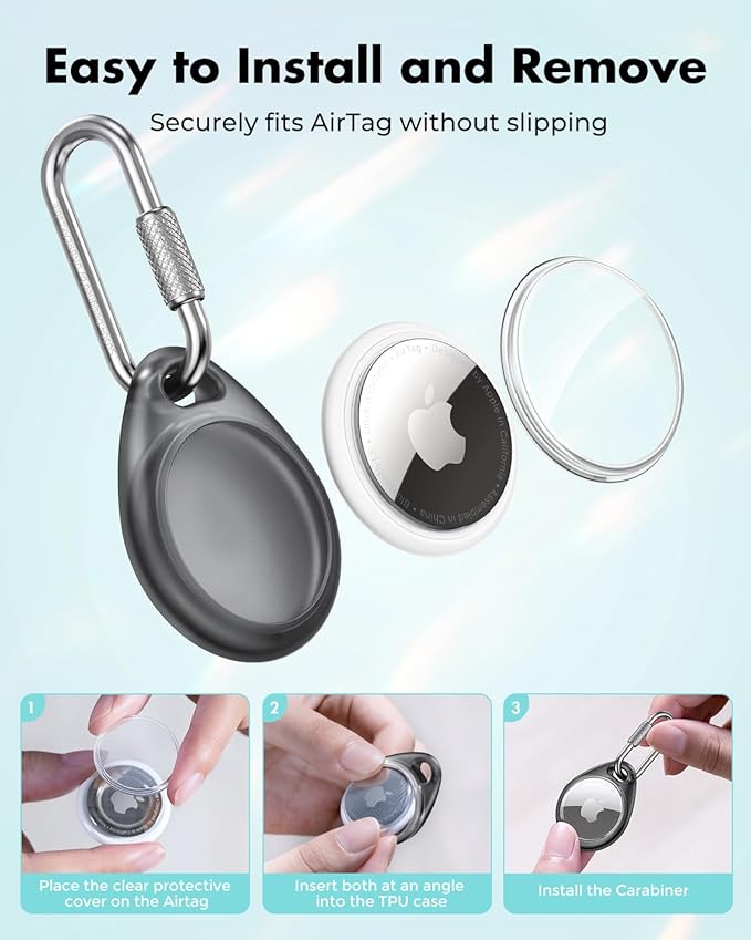 UNBREAKcable AirTag Holder for Apple - 4 Pack Air Tag Case [Professional Carabiner] [Waterproof] [Shockproof] TPU AirTag Keychain for Kids, Pets, Keys, Luggage, Backpacks