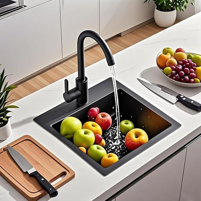 ARTLINE 13 x 15 Inch Black Drop in Bar Sink, Stainless Steel Single Bowl Kitchen Sink, Small Topmount 9 Inch Deep Wet Bar sink for Outdoor Prep RV Yard Laundry Utility with Dish Grid & Drain